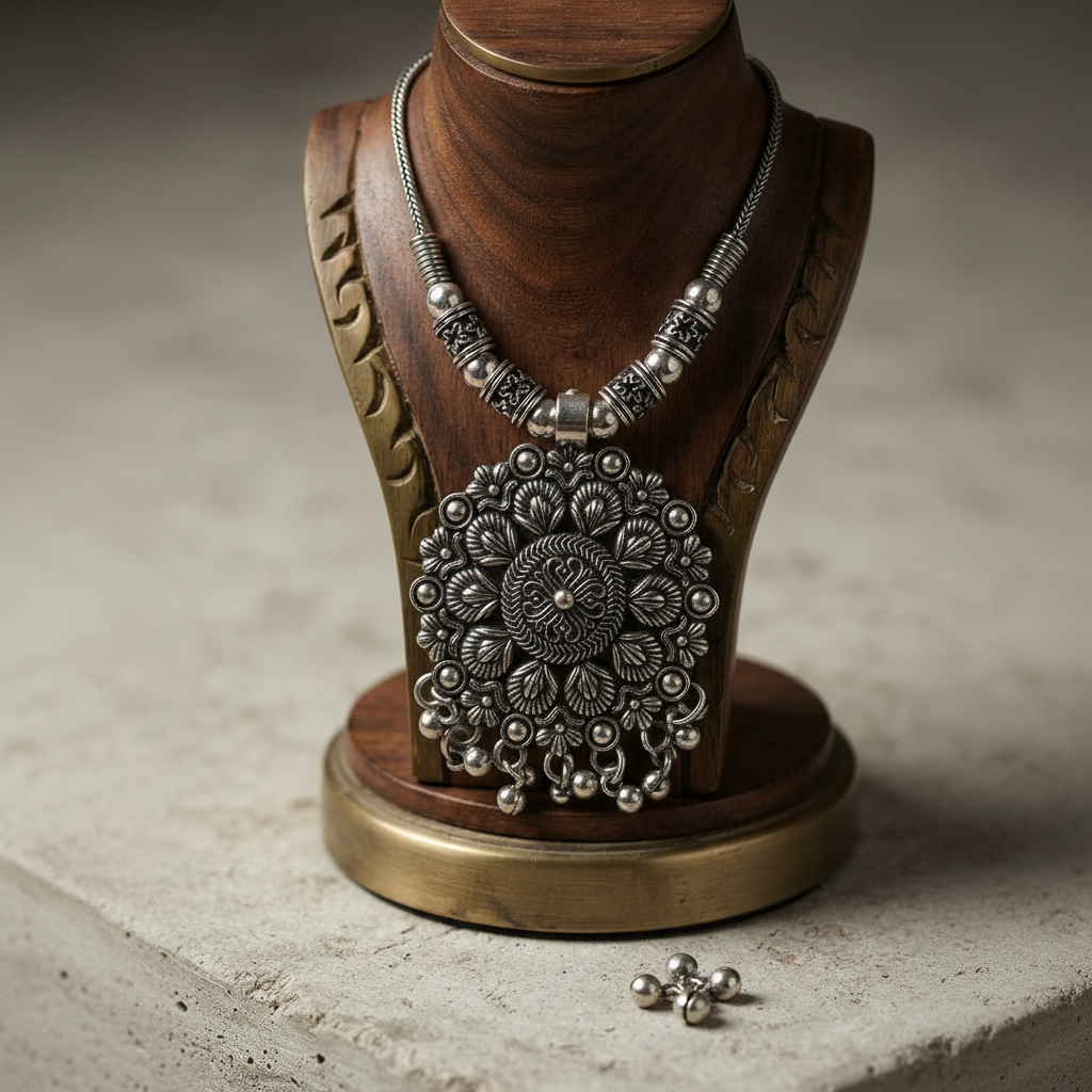 Oxidized Silver Floral Statement Pendant Necklace for Women | Traditional Ethnic Boho Jewelry