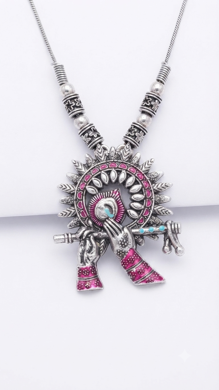 Ethnic Krishna Flute Silver Oxidised Necklace | Vrindavan Melody Oxidised Krishna Flute Pendant Necklace | Ethnic Silver-Tone Fashion Jewellery for Women
