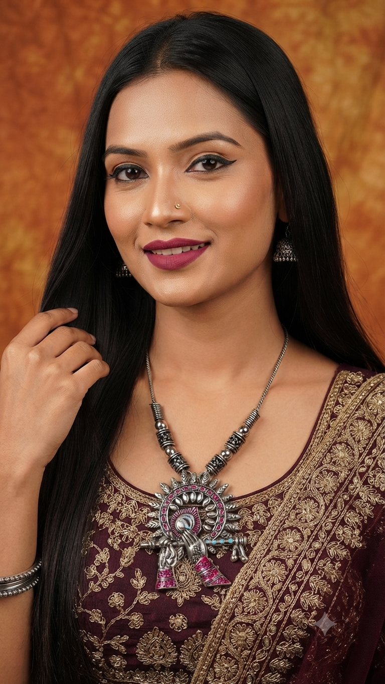 Ethnic Krishna Flute Silver Oxidised Necklace | Vrindavan Melody Oxidised Krishna Flute Pendant Necklace | Ethnic Silver-Tone Fashion Jewellery for Women