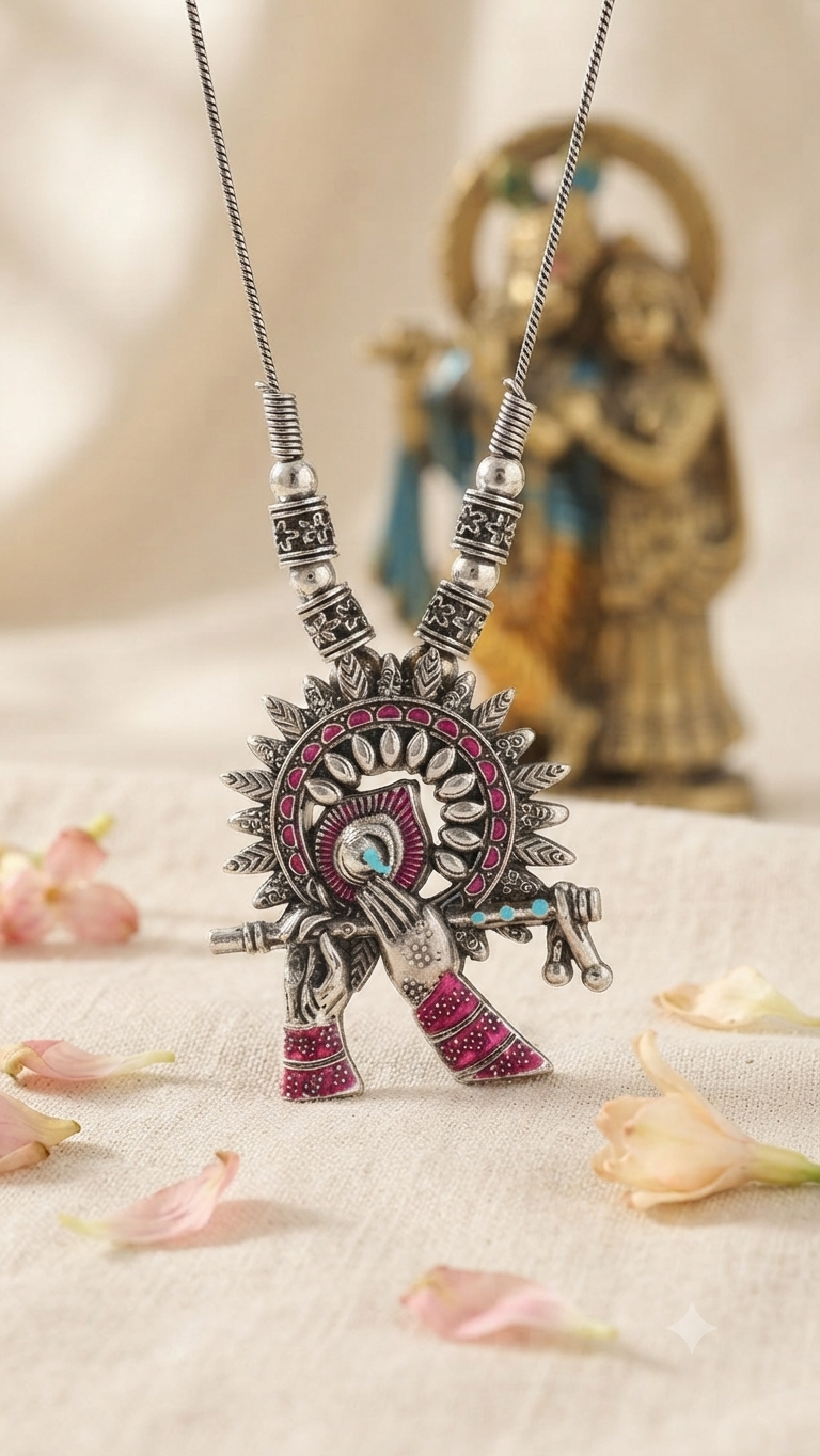 Ethnic Krishna Flute Silver Oxidised Necklace | Vrindavan Melody Oxidised Krishna Flute Pendant Necklace | Ethnic Silver-Tone Fashion Jewellery for Women