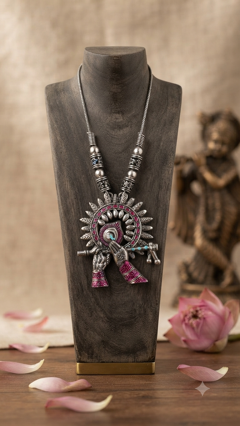 Ethnic Krishna Flute Silver Oxidised Necklace | Vrindavan Melody Oxidised Krishna Flute Pendant Necklace | Ethnic Silver-Tone Fashion Jewellery for Women