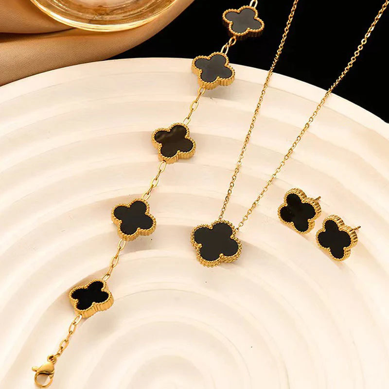 STAINLESS STEEL GOLD PLATED SET OF BLACK ANTI TARNISH CLOVER JEWELLERY SET