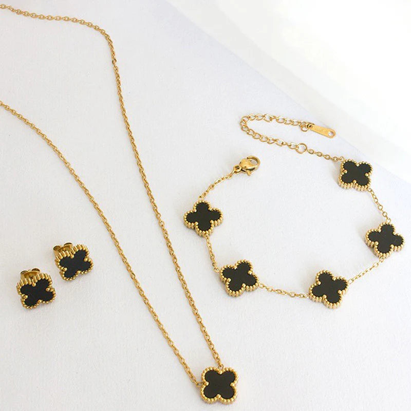 STAINLESS STEEL GOLD PLATED SET OF BLACK ANTI TARNISH CLOVER JEWELLERY SET