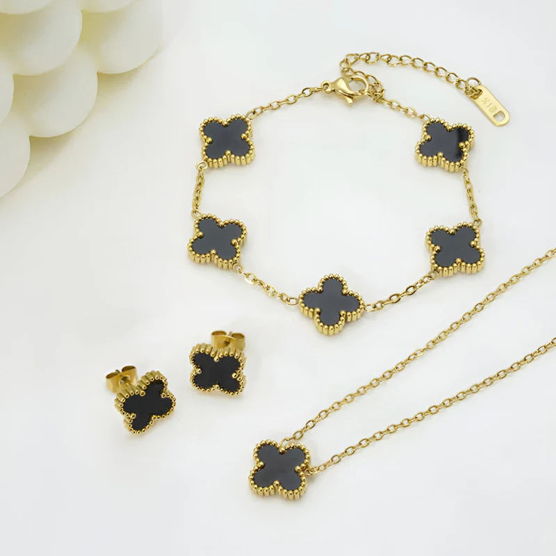 STAINLESS STEEL GOLD PLATED SET OF BLACK ANTI TARNISH CLOVER JEWELLERY SET