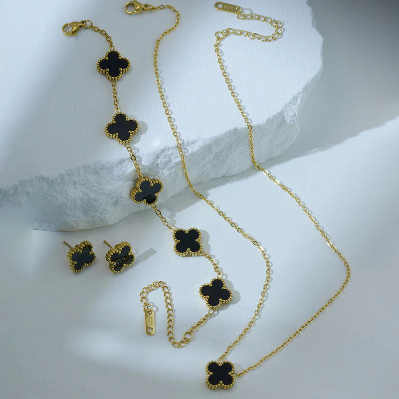 STAINLESS STEEL GOLD PLATED SET OF BLACK ANTI TARNISH CLOVER JEWELLERY SET