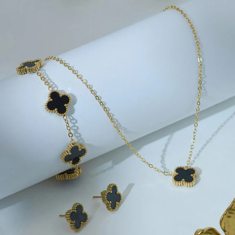 STAINLESS STEEL GOLD PLATED SET OF BLACK ANTI TARNISH CLOVER JEWELLERY SET