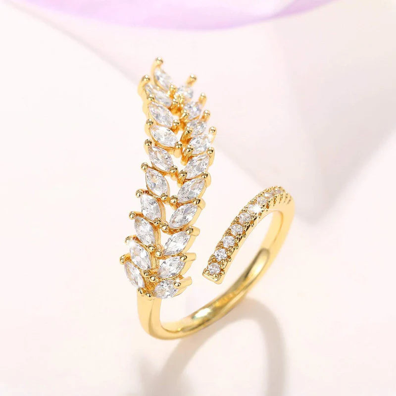 GOLD PLATED CZ STONE-STUDDED LEAF INSPIRED ADJUSTABLE FINGER RING