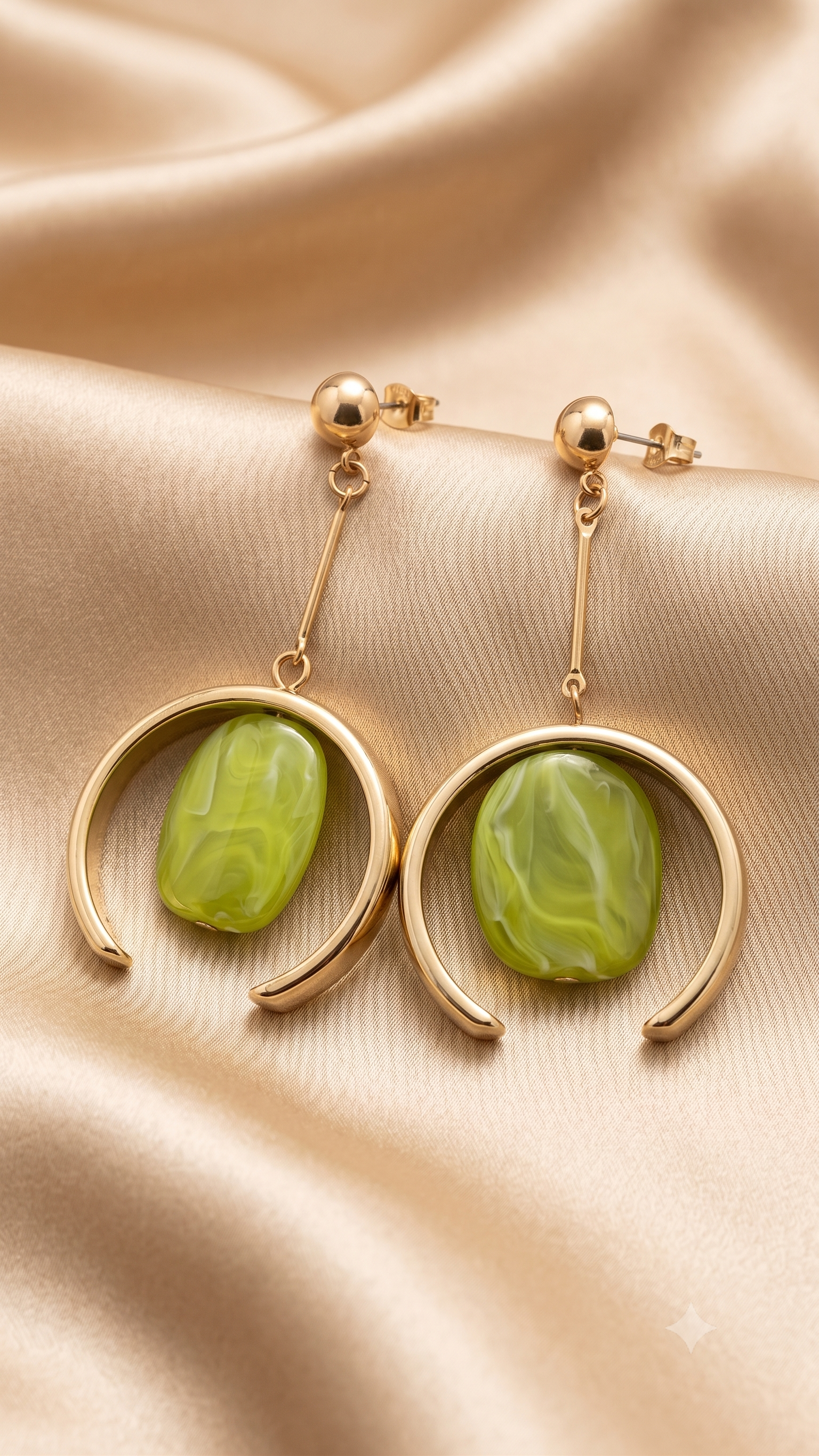 Gold-Tone Geometric Drop Earrings with Green Resin Stone | Stylish Lightweight Earrings for Women