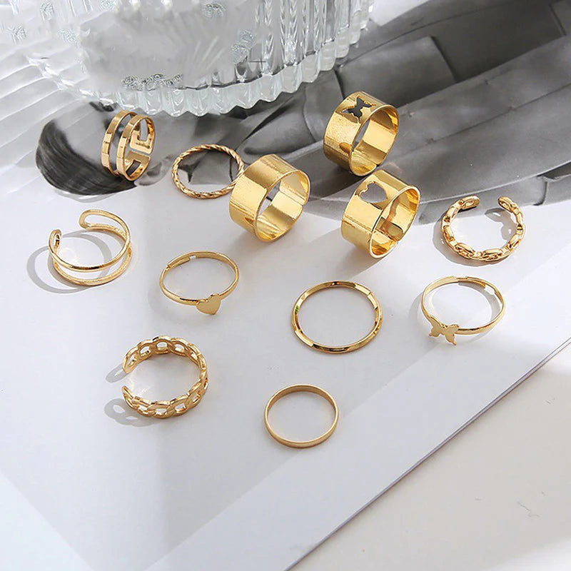 WOMEN SET OF 12 GOLD-PLATED ADJUSTABLE FINGER RING
