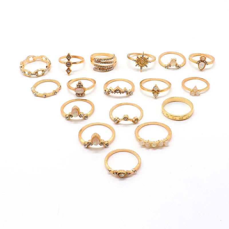 EXCLUSIVE AD STUDDED FLORAL GOLD PLATED PLUSHY RINGS SET OF 17 MIXED SIZES FOR WOMEN