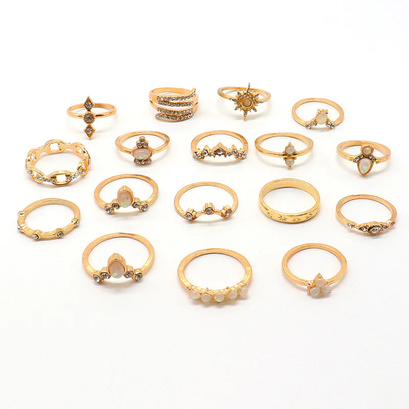 EXCLUSIVE AD STUDDED FLORAL GOLD PLATED PLUSHY RINGS SET OF 17 MIXED SIZES FOR WOMEN