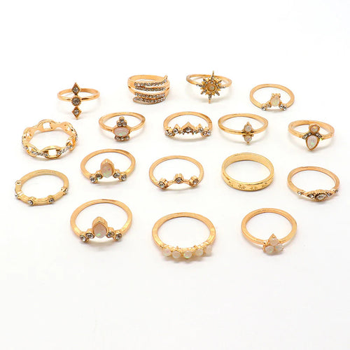 EXCLUSIVE AD STUDDED FLORAL GOLD PLATED PLUSHY RINGS SET OF 17 MIXED SIZES FOR WOMEN