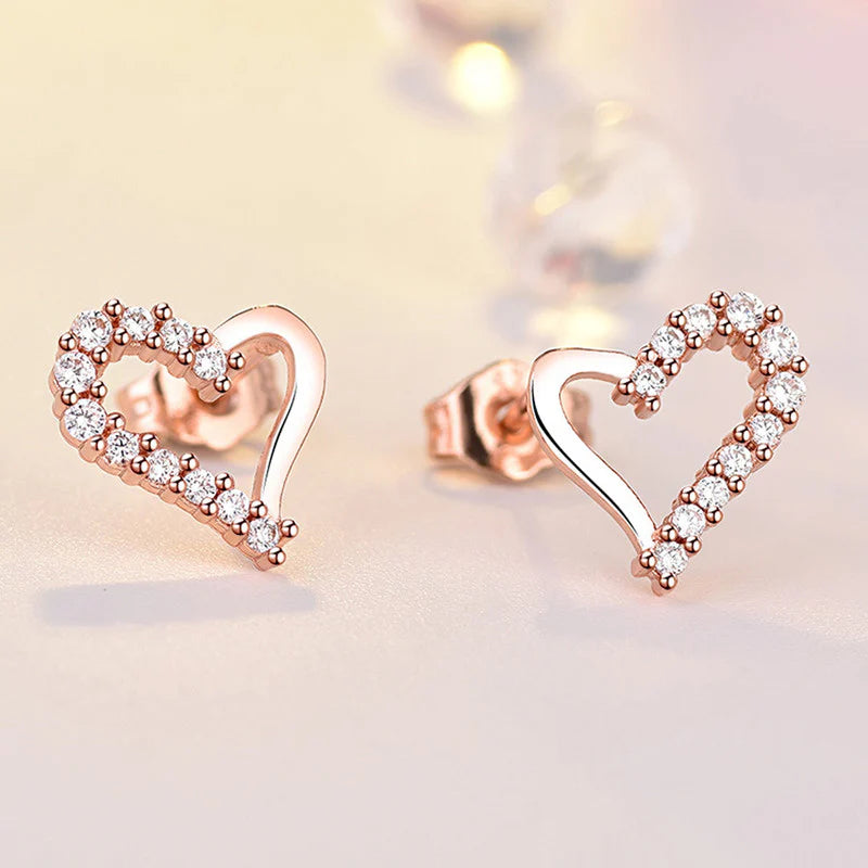 ROSE GOLD PLATED AMERICAN DIAMOND STUDDED HEART SHAPE KOREAN STUD EARRINGS