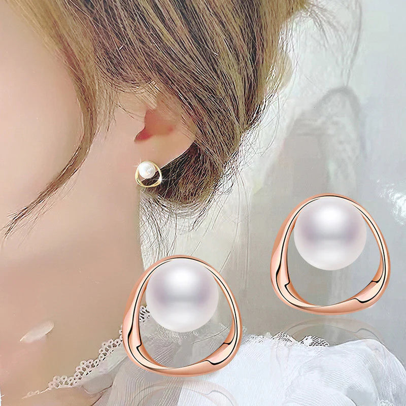 ROSE GOLD PLATED TRIANGLE SHAPED PEARL STUDDED KOREAN STUD EARRINGS