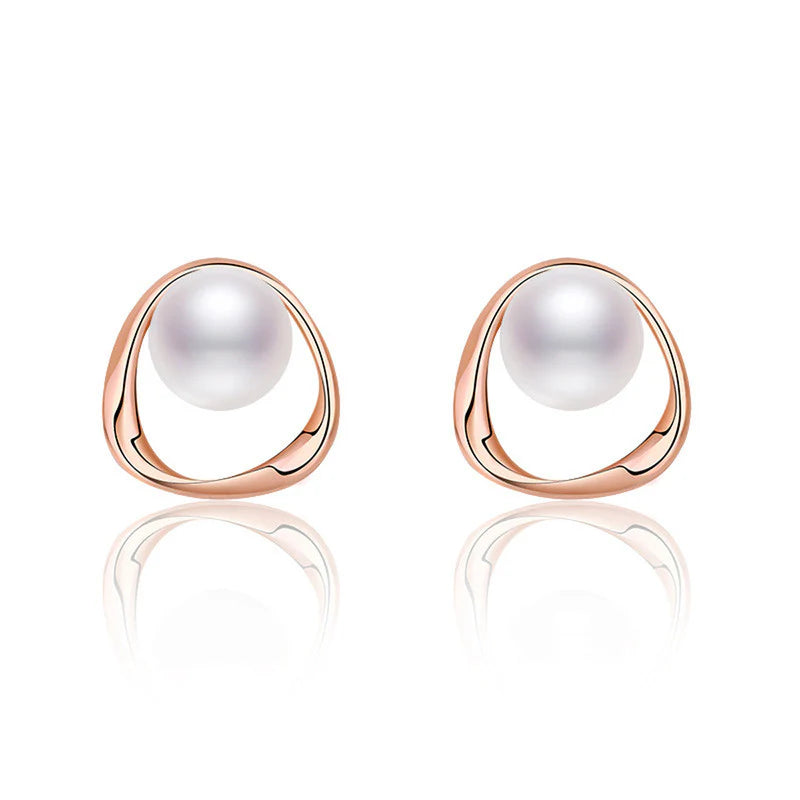 ROSE GOLD PLATED TRIANGLE SHAPED PEARL STUDDED KOREAN STUD EARRINGS