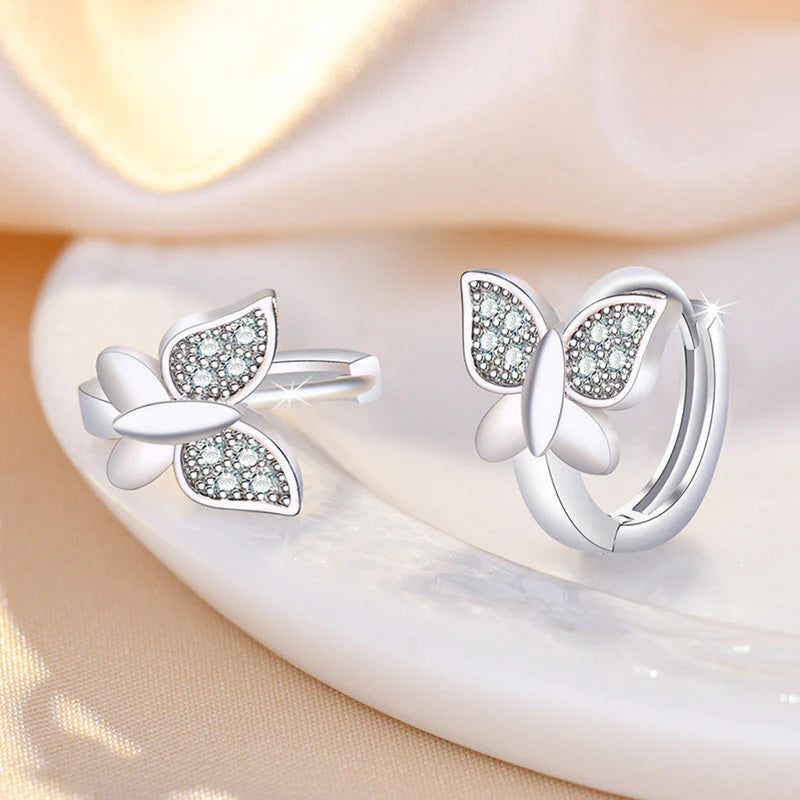 SILVER PLATED AMERICAN DIAMOND STUDDED BUTTERFLY SHAPE KOREAN HOOP EARRINGS