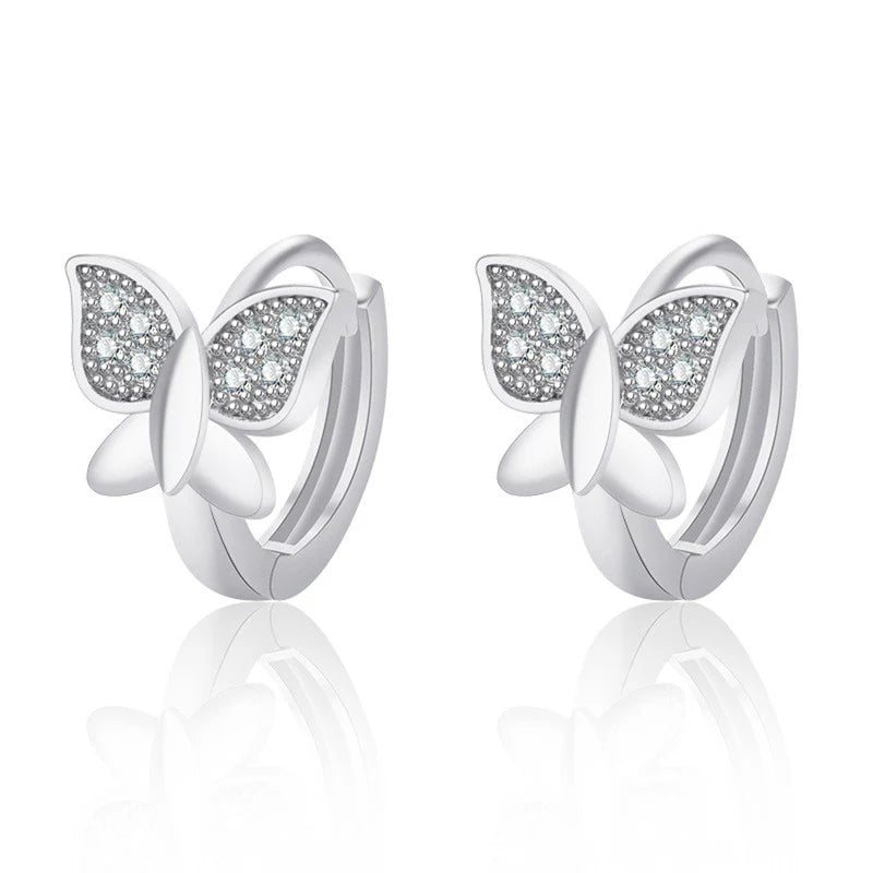 SILVER PLATED AMERICAN DIAMOND STUDDED BUTTERFLY SHAPE KOREAN HOOP EARRINGS