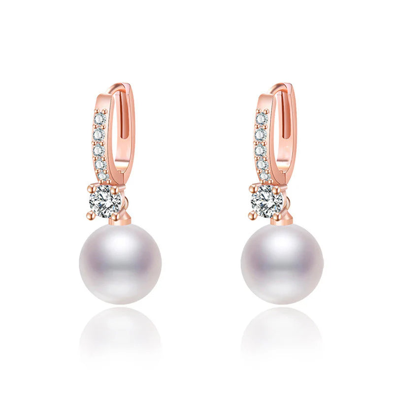 ROSE GOLD PLATED AMERICAN DIAMOND STUDDED CONTEMPORARY PEARL KOREAN DROP EARRINGS