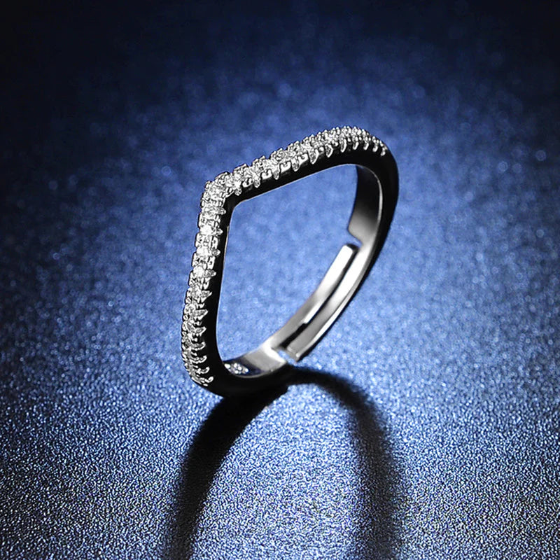 SILVER PLATED AMERICAN DIAMOND STUDDED V SHAPE ANTI TARNISH ADJUSTABLE FINGER RING