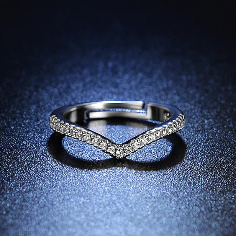 SILVER PLATED AMERICAN DIAMOND STUDDED V SHAPE ANTI TARNISH ADJUSTABLE FINGER RING