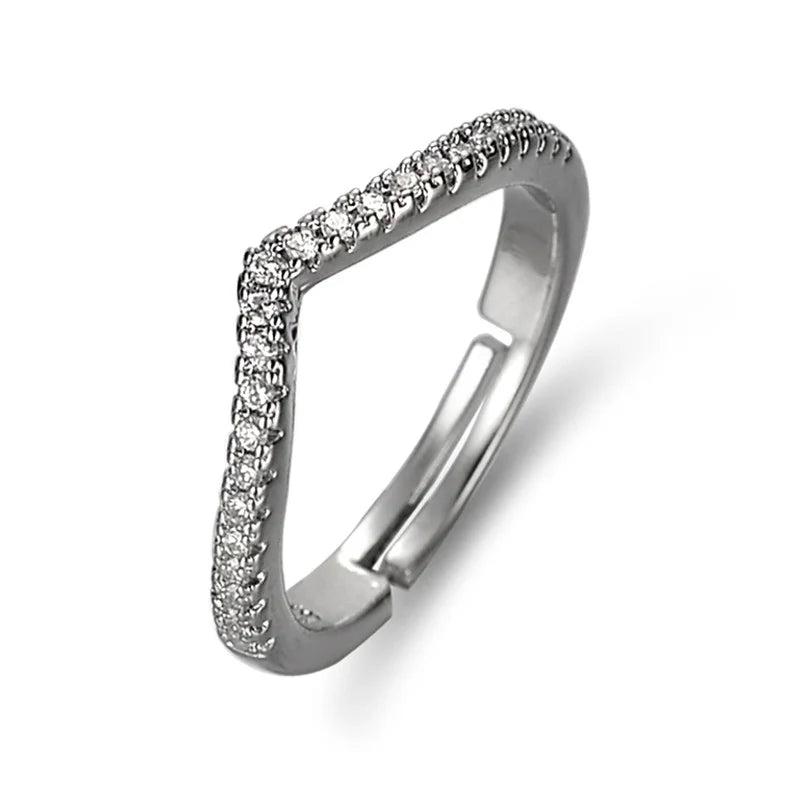 SILVER PLATED AMERICAN DIAMOND STUDDED V SHAPE ANTI TARNISH ADJUSTABLE FINGER RING