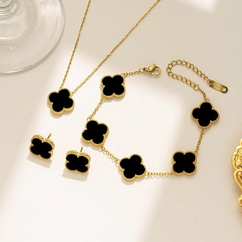 STAINLESS STEEL GOLD PLATED SET OF BLACK ANTI TARNISH CLOVER JEWELLERY SET