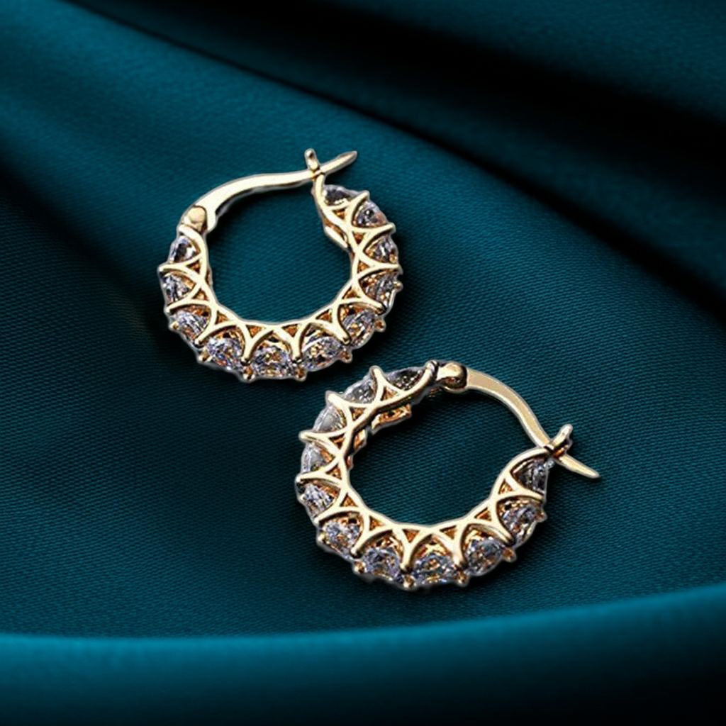 GOLD PLATED AMERICAN DIAMOND STUDDED CONTEMPORARY BEAUTIFUL HOOP EARRINGS